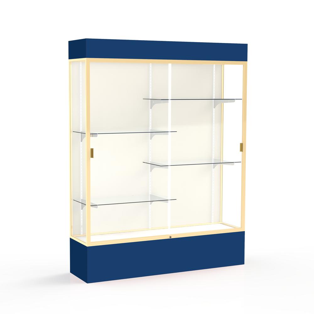 Spirit  60''W x 80''H x 16''D  Lighted Floor Case, Plaque Back, Champagne Finish, Navy Base and Top - Waddell