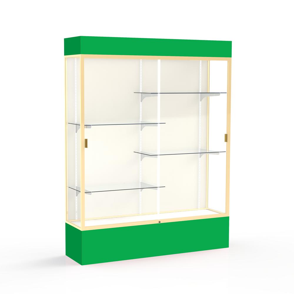 Spirit  60''W x 80''H x 16''D  Lighted Floor Case, Plaque Back, Champagne Finish, Kelly Green Base and Top - Waddell