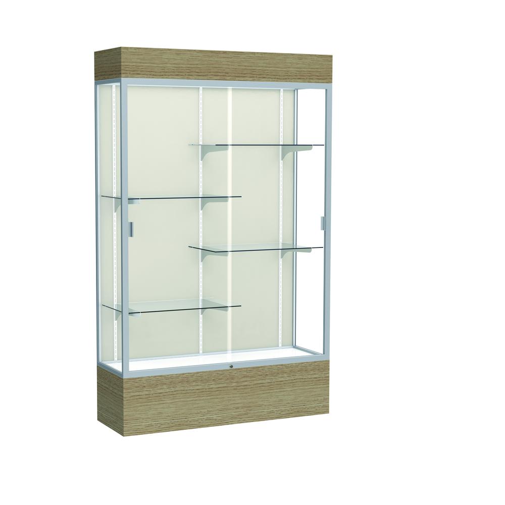 Reliant   48''W x 80''H x 16''D  Lighted Floor Case, Plaque Back, Satin Finish,  Driftwood Base - Waddell