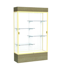 Reliant   48''W x 80''H x 16''D  Lighted Floor Case, White Back, Champagne Finish,  Driftwood Base - Waddell