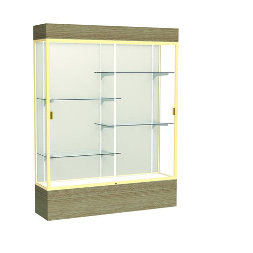 Reliant   60''W x 80''H x 16''D  Lighted Floor Case, Plaque Back, Champagne Finish,  Driftwood Base - Waddell