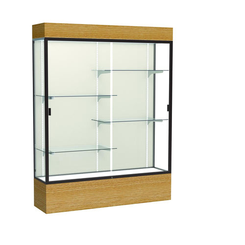 Reliant   60''W x 80''H x 16''D  Lighted Floor Case, Plaque Back, Dk. Bronze Finish,  Natural Oak Base - Waddell