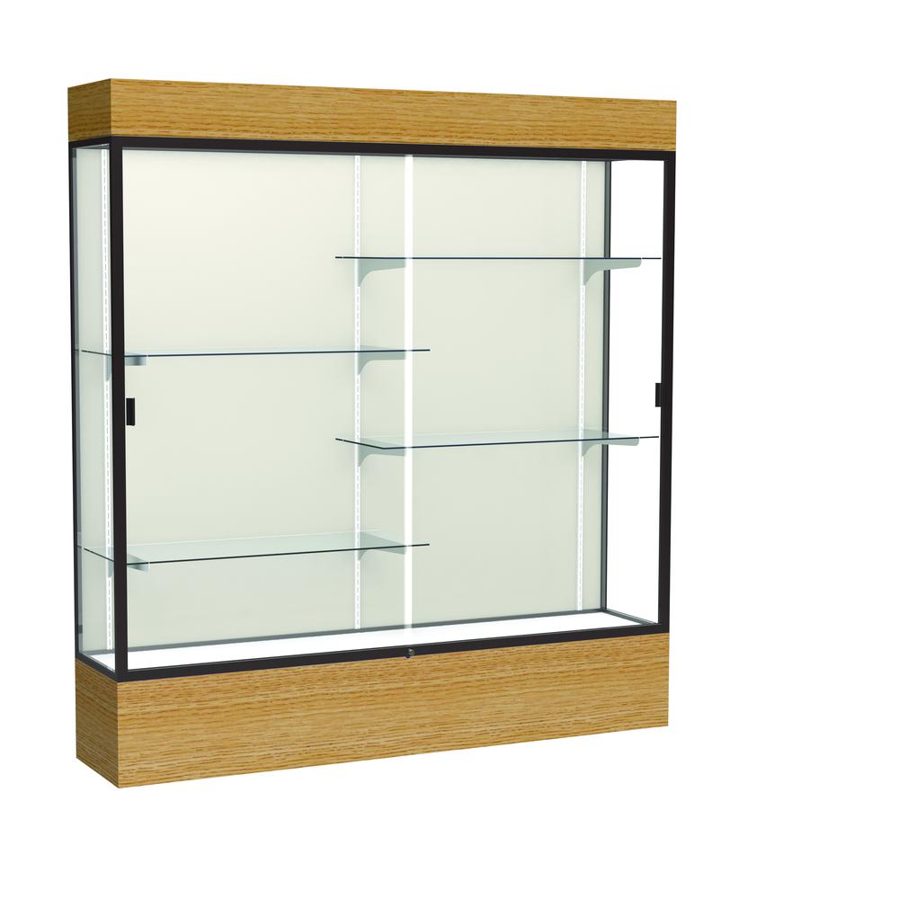 Reliant   72''W x 80''H x 16''D  Lighted Floor Case, Plaque Back, Dk. Bronze Finish,  Natural Oak Base - Waddell