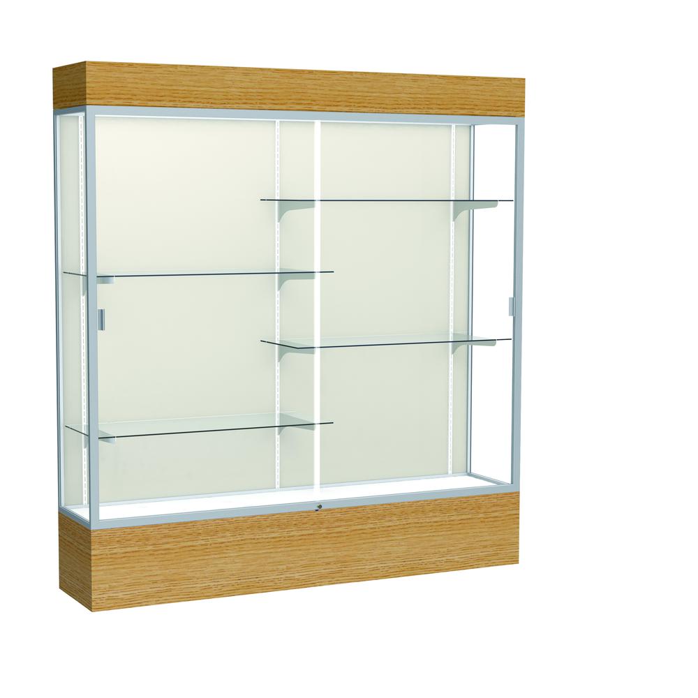 Reliant   72''W x 80''H x 16''D  Lighted Floor Case, Plaque Back, Satin Finish,  Natural Oak Base - Waddell