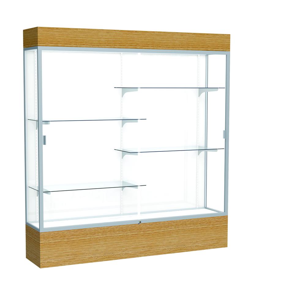 Reliant   72''W x 80''H x 16''D  Lighted Floor Case, White Back, Satin Finish,  Natural Oak Base - Waddell