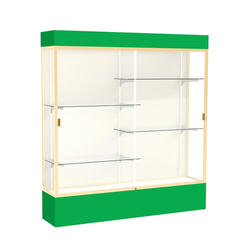 Spirit  72''W x 80''H x 16''D  Lighted Floor Case, Plaque Back, Champagne Finish, Kelly Green Base and Top - Waddell