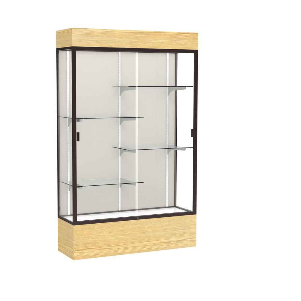 Reliant   48''W x 80''H x 16''D  Lighted Floor Case, Plaque Back, Dk. Bronze Finish,  Lt. Oak Vinyl Base - Waddell