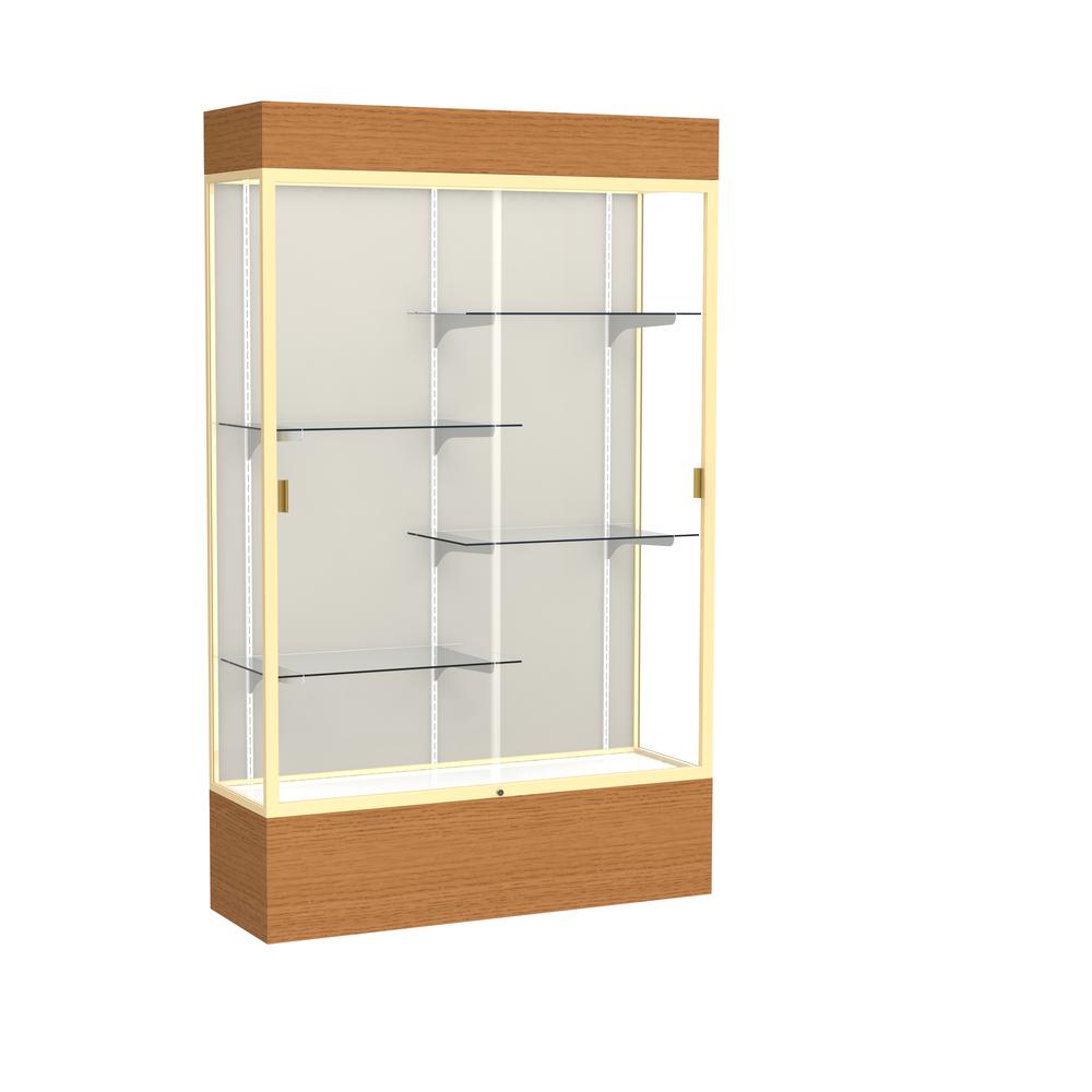 Reliant   48''W x 80''H x 16''D  Lighted Floor Case, Plaque Back, Champagne Finish,  Carmel Oak Base - Waddell