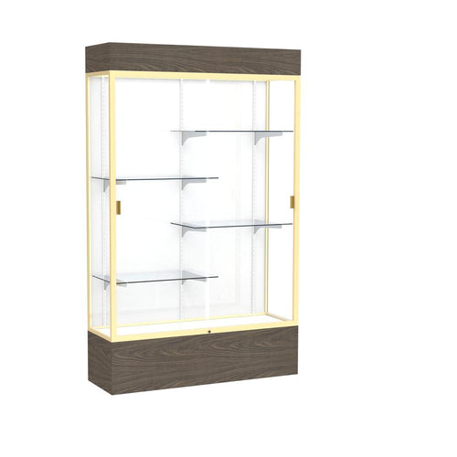 Reliant   48''W x 80''H x 16''D  Lighted Floor Case, White Back, Champagne Finish,  Walnut Vinyl Base - Waddell