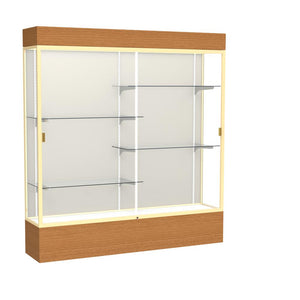 Reliant   72''W x 80''H x 16''D  Lighted Floor Case, Plaque Back, Champagne Finish,  Carmel Oak Base - Waddell