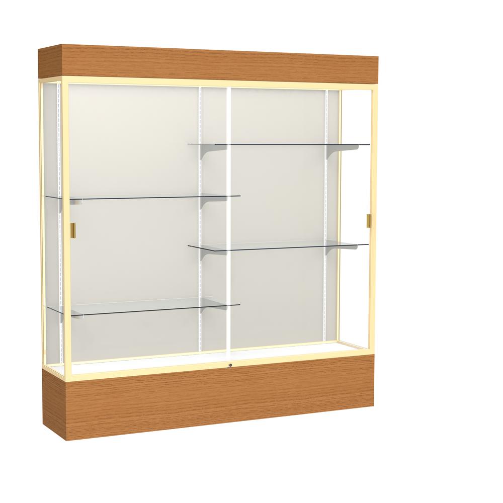 Reliant   72''W x 80''H x 16''D  Lighted Floor Case, Plaque Back, Champagne Finish,  Carmel Oak Base - Waddell