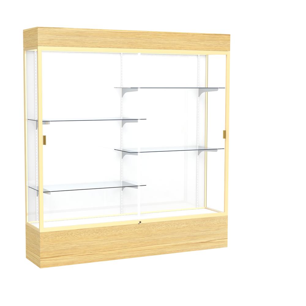 Reliant   72''W x 80''H x 16''D  Lighted Floor Case, White Back, Champagne Finish,  Lt. Oak Vinyl Base - Waddell