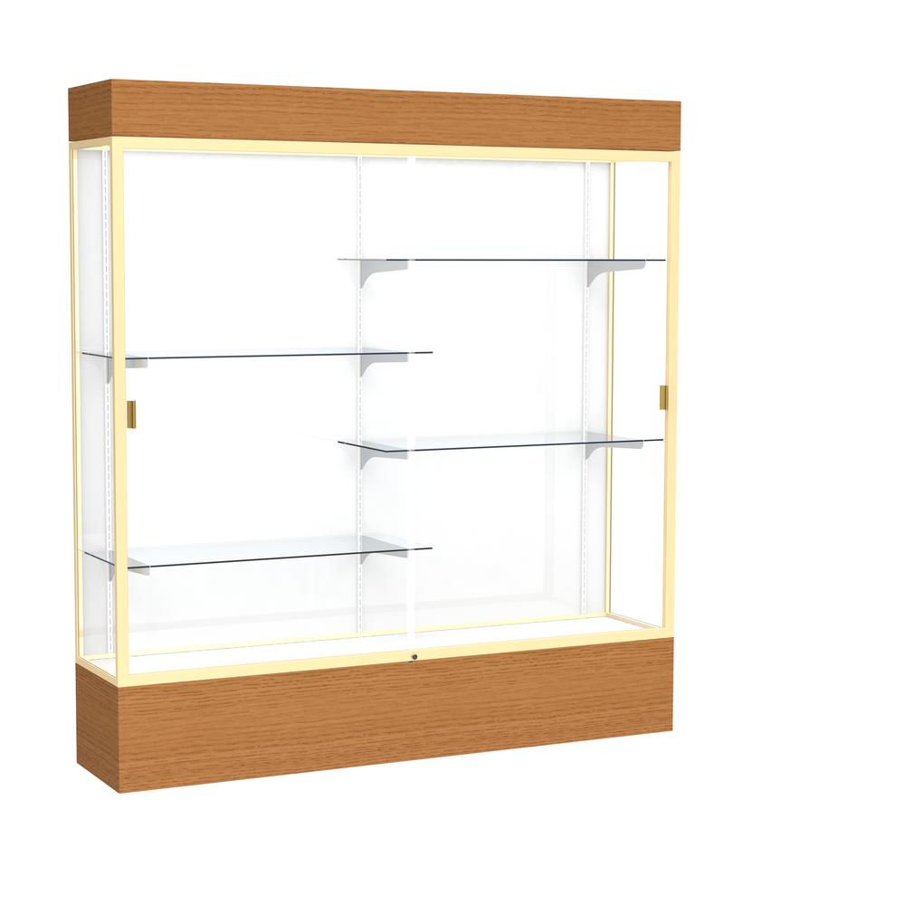 Reliant   72''W x 80''H x 16''D  Lighted Floor Case, White Back, Champagne Finish,  Carmel Oak Base - Waddell