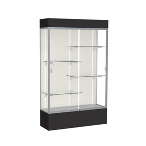 Spirit  48''W x 80''H x 16''D  Lighted Floor Case, Plaque Back, Satin Finish, Black Base and Top - Waddell