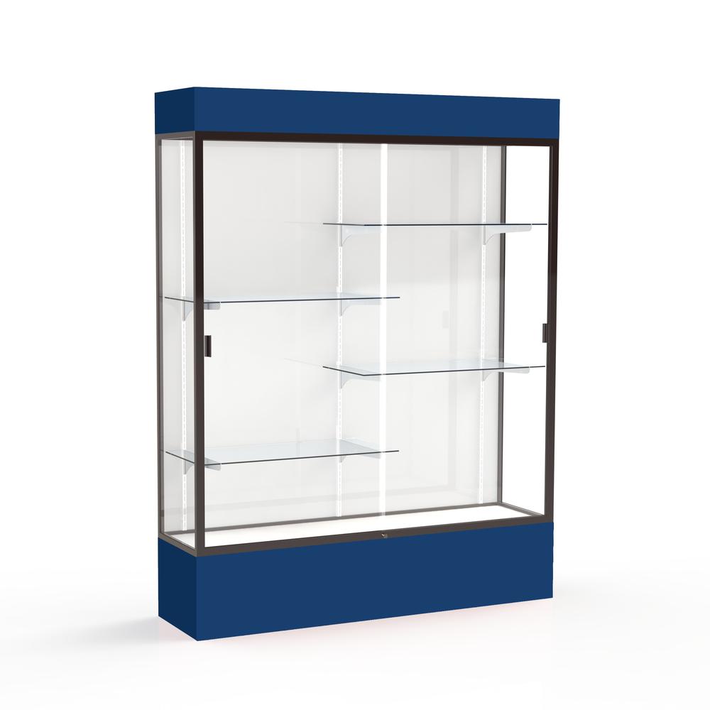 Spirit  60''W x 80''H x 16''D  Lighted Floor Case, White Back, Dk. Bronze Finish, Navy Base and Top - Waddell