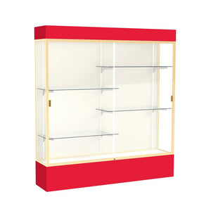 Spirit  72''W x 80''H x 16''D  Lighted Floor Case, Plaque Back, Champagne Finish, Red Base and Top - Waddell