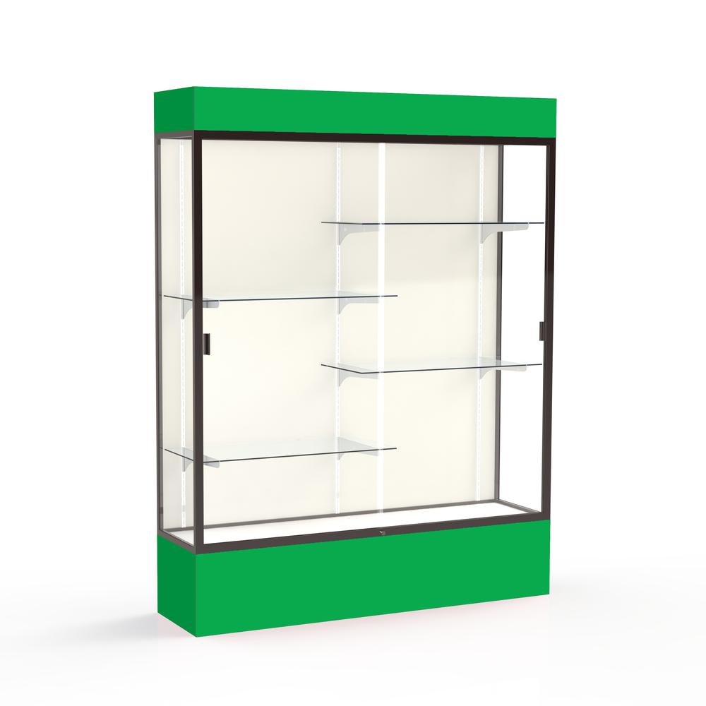 Spirit  60''W x 80''H x 16''D  Lighted Floor Case, Plaque Back, Dk. Bronze Finish, Kelly Green Base and Top - Waddell