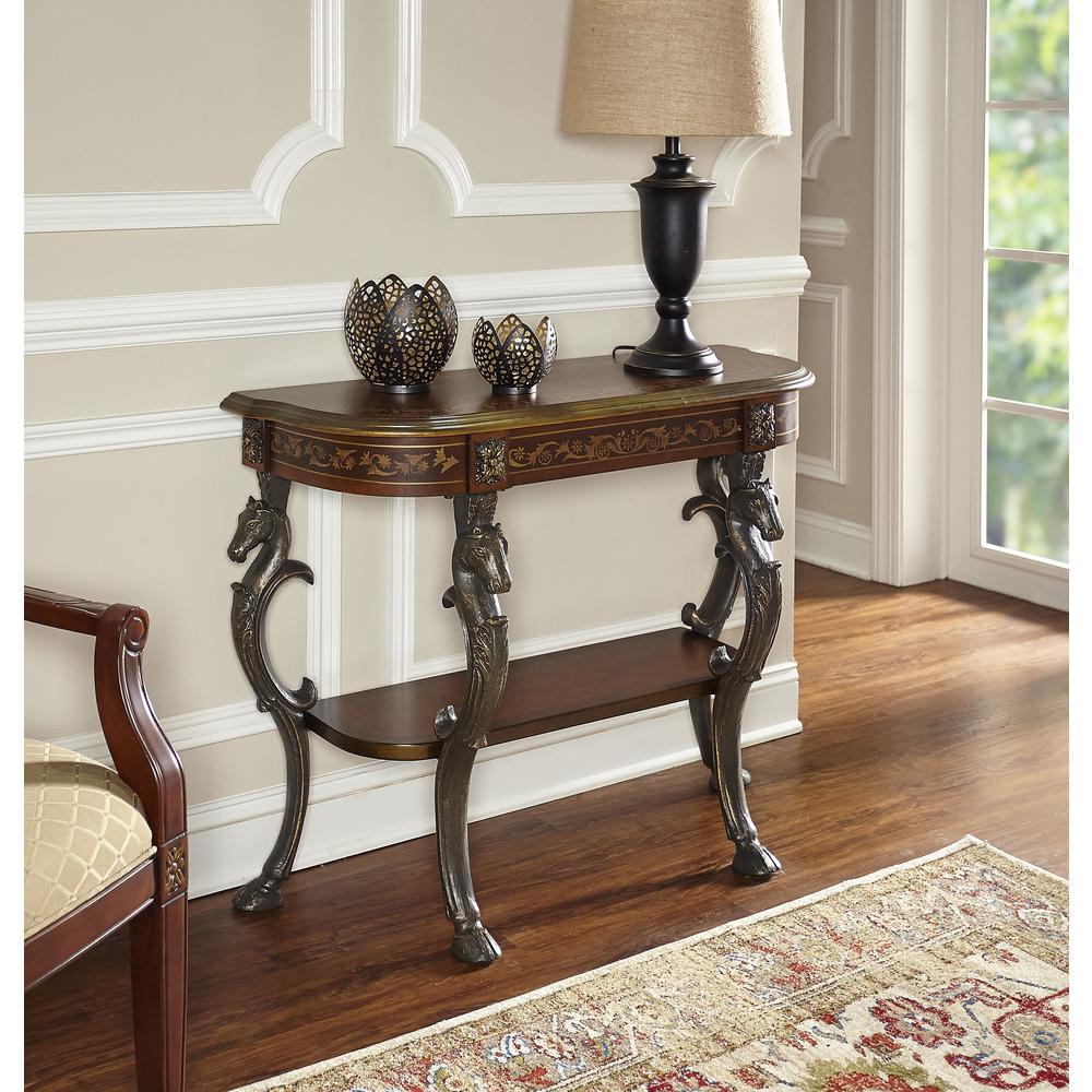 Masterpiece Floral Demilune Console Table with Horse head, Hoofed-foot Cast Legs & Display Shelf - Powell