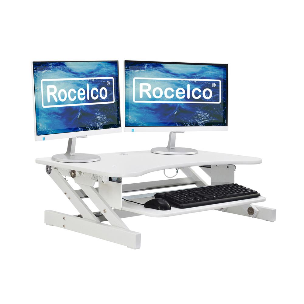 Rocelco 37.5'' Deluxe Height Adjustable Standing Desk Converter - Quick Sit Stand Up Dual Monitor Riser - Gas Spring Assist Computer Workstation - Large Retractable Keyboard Tray - White (R DADRW)