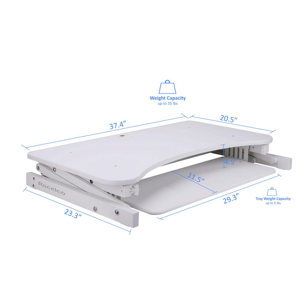 Rocelco 37.5'' Deluxe Height Adjustable Standing Desk Converter - Quick Sit Stand Up Dual Monitor Riser - Gas Spring Assist Computer Workstation - Large Retractable Keyboard Tray - White (R DADRW)