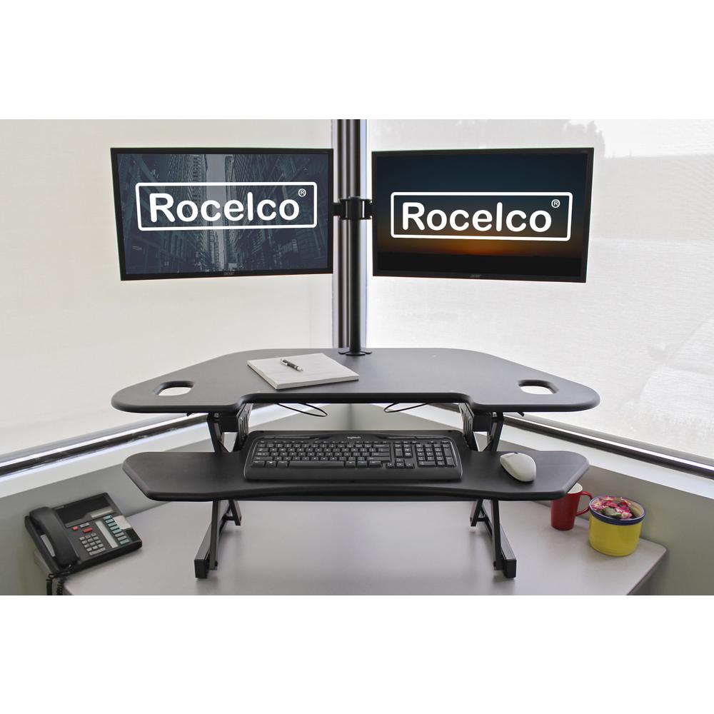 Rocelco 46'' Height Adjustable Corner Standing Desk Converter with Dual Monitor Arm BUNDLE - Quick Sit Stand Up Computer Workstation Riser - Extra Large Keyboard Tray - Black (R CADRB-46-DM2)