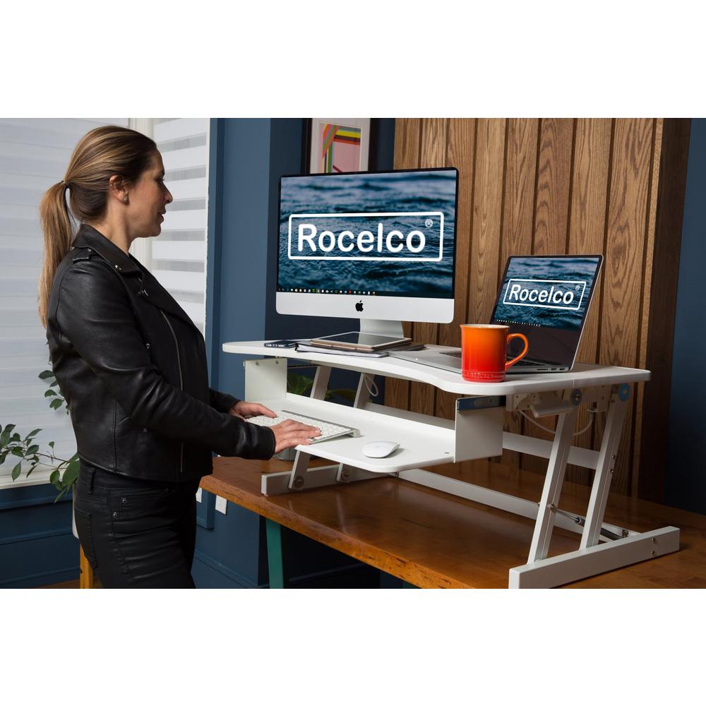 Rocelco 37.5'' Deluxe Height Adjustable Standing Desk Converter - Quick Sit Stand Up Dual Monitor Riser - Gas Spring Assist Computer Workstation - Large Retractable Keyboard Tray - White (R DADRW)
