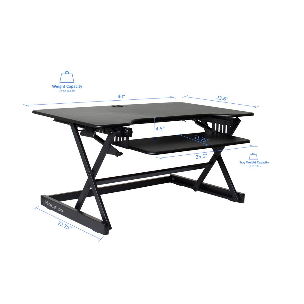 Rocelco 40'' Large Height Adjustable Standing Desk Converter with Dual Monitor Mount BUNDLE - Quick Sit Stand Up Computer Workstation Riser - Retractable Keyboard Tray - Black (R DADRB-40-DM2)