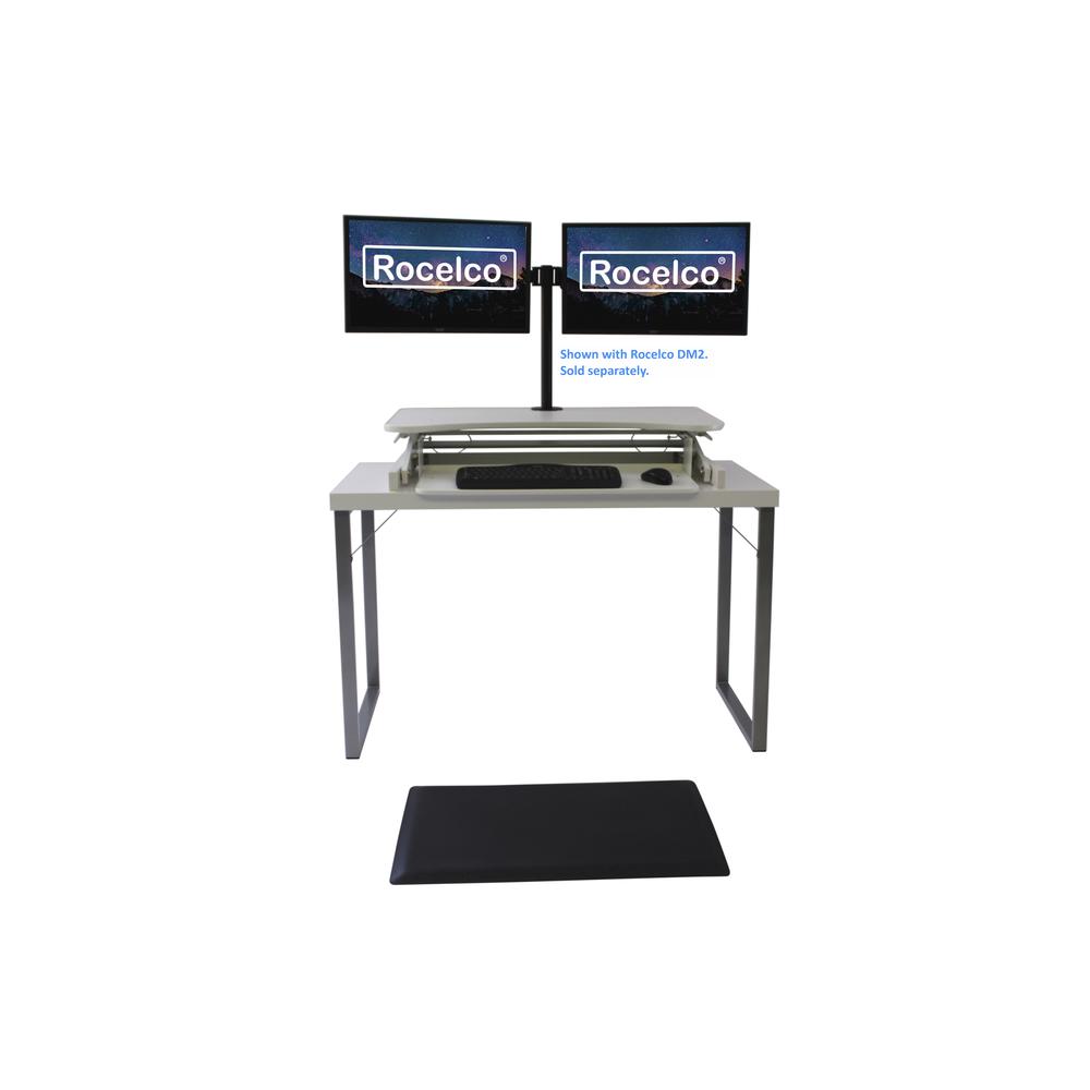 Rocelco 37.5'' Deluxe Height Adjustable Standing Desk Converter with Anti Fatigue Mat BUNDLE - Quick Sit Stand Up Computer Workstation Riser - Large Retractable Keyboard Tray - White (R DADRW-MAFM)