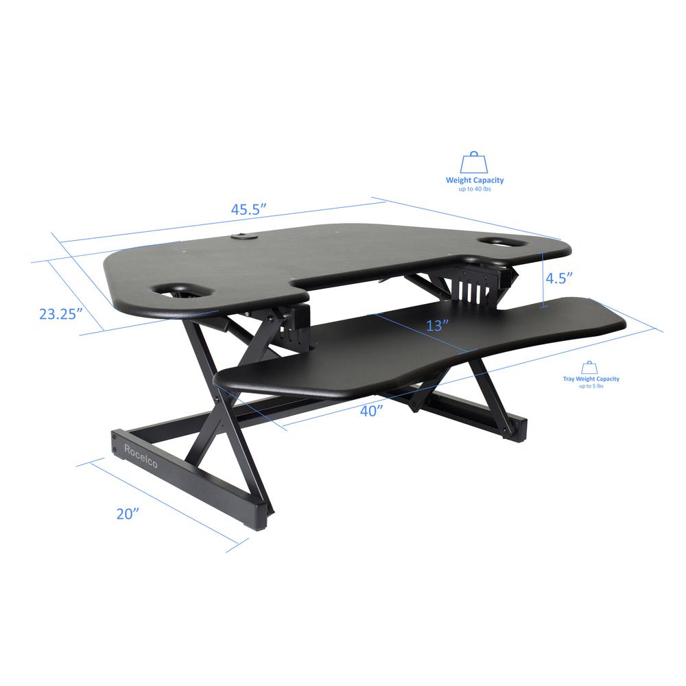 Rocelco 46'' Height Adjustable Corner Standing Desk Converter with Dual Monitor Arm BUNDLE - Quick Sit Stand Up Computer Workstation Riser - Extra Large Keyboard Tray - Black (R CADRB-46-DM2)
