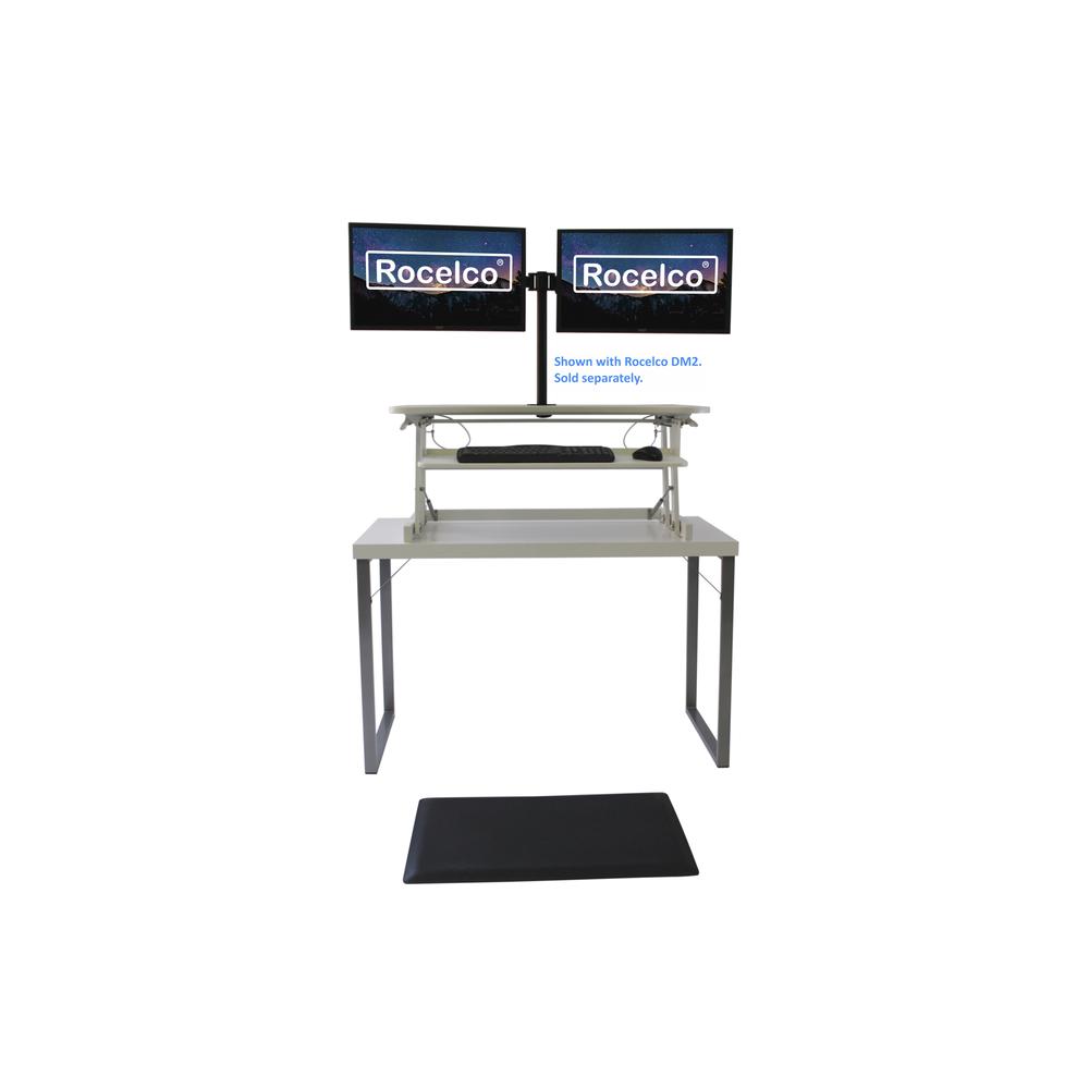 Rocelco 37.5'' Deluxe Height Adjustable Standing Desk Converter with Anti Fatigue Mat BUNDLE - Quick Sit Stand Up Computer Workstation Riser - Large Retractable Keyboard Tray - White (R DADRW-MAFM)