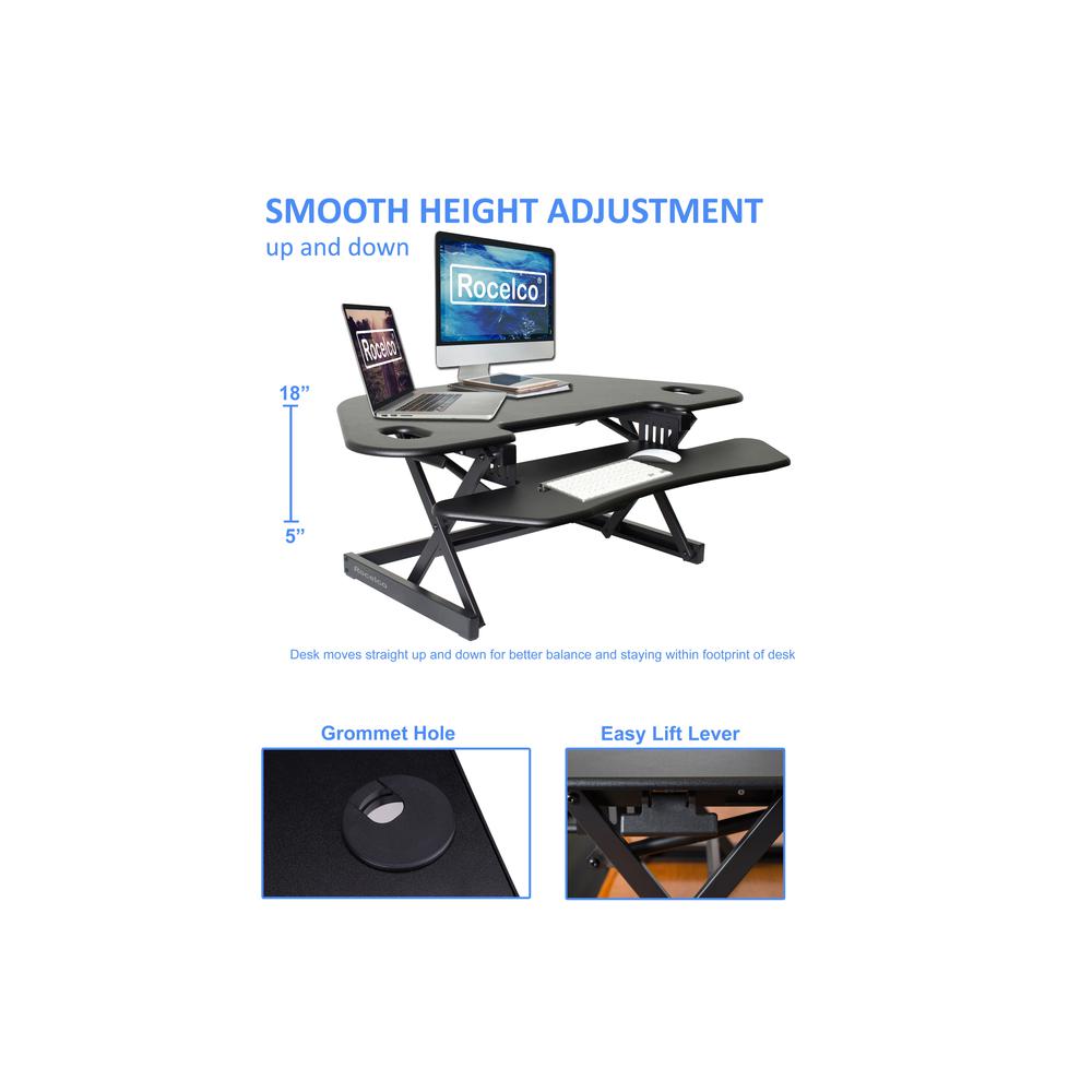 Rocelco 46'' Height Adjustable Corner Standing Desk Converter with Dual Monitor Arm BUNDLE - Quick Sit Stand Up Computer Workstation Riser - Extra Large Keyboard Tray - Black (R CADRB-46-DM2)