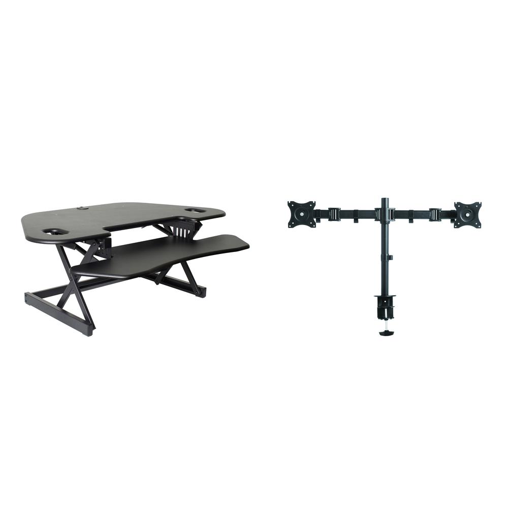 Rocelco 46'' Height Adjustable Corner Standing Desk Converter with Dual Monitor Arm BUNDLE - Quick Sit Stand Up Computer Workstation Riser - Extra Large Keyboard Tray - Black (R CADRB-46-DM2)