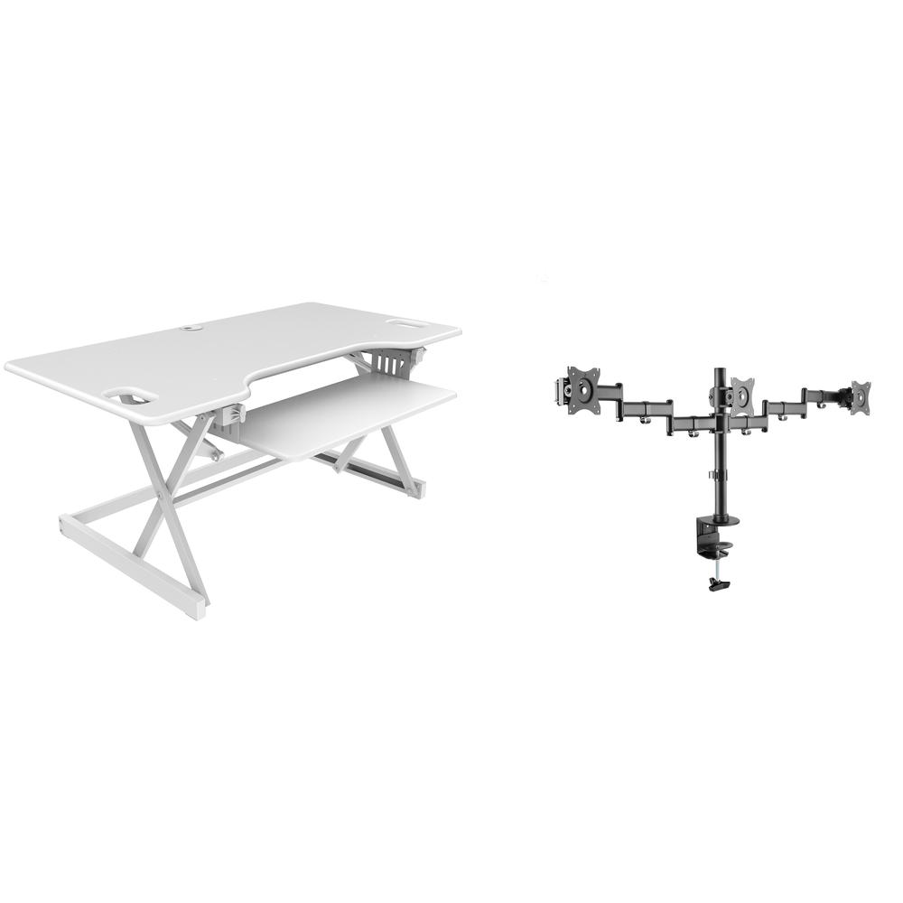 Rocelco 46'' Large Height Adjustable Standing Desk Converter with Triple Monitor Mount BUNDLE - Quick Sit Stand Up Computer Workstation Riser - Retractable Keyboard Tray - White (R DADRW-46-DM3)