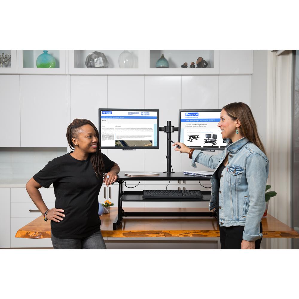 Rocelco 40'' Large Height Adjustable Standing Desk Converter with Dual Monitor Mount BUNDLE - Quick Sit Stand Up Computer Workstation Riser - Retractable Keyboard Tray - Black (R DADRB-40-DM2)