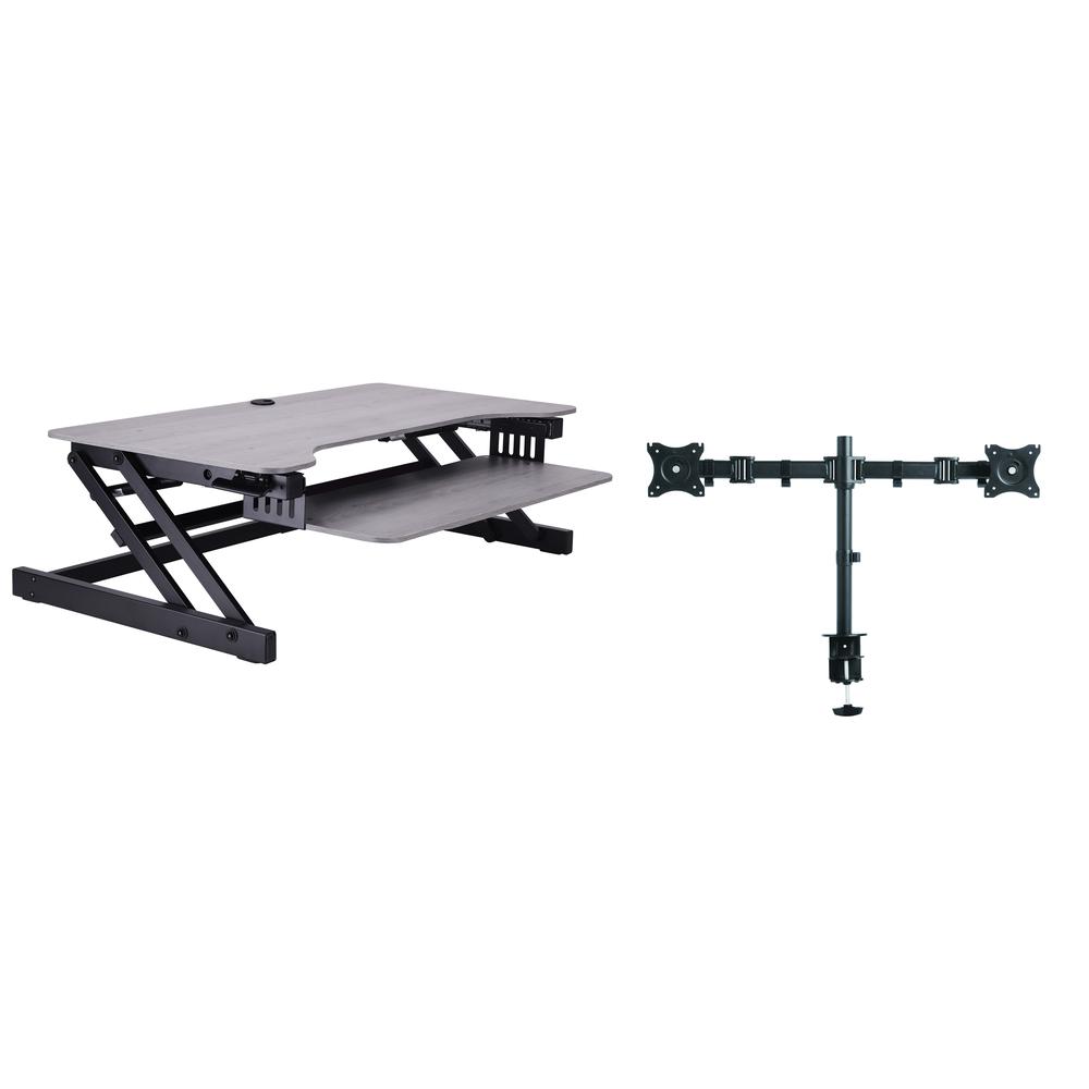 Rocelco 37.5'' Deluxe Height Adjustable Standing Desk Converter with Dual Monitor Mount BUNDLE - Quick Sit Stand Up Computer Workstation Riser - Large Retractable Keyboard Tray - Gray (R DADRG-DM2)
