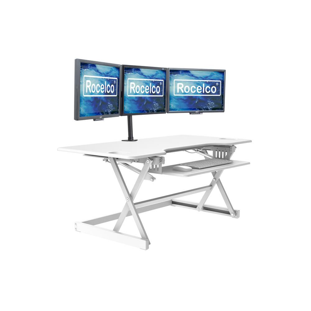 Rocelco 46'' Large Height Adjustable Standing Desk Converter with Triple Monitor Mount BUNDLE - Quick Sit Stand Up Computer Workstation Riser - Retractable Keyboard Tray - White (R DADRW-46-DM3)