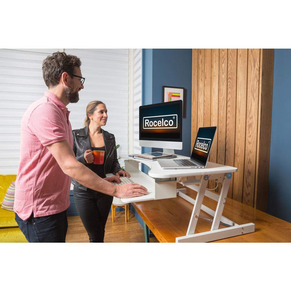 Rocelco 37.5'' Deluxe Height Adjustable Standing Desk Converter - Quick Sit Stand Up Dual Monitor Riser - Gas Spring Assist Computer Workstation - Large Retractable Keyboard Tray - White (R DADRW)