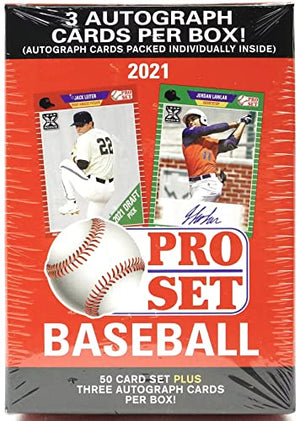 2021 Pro Set Baseball Series Factory Sealed Blaster Box with a 50 Card Set and 3 Autograph Cards