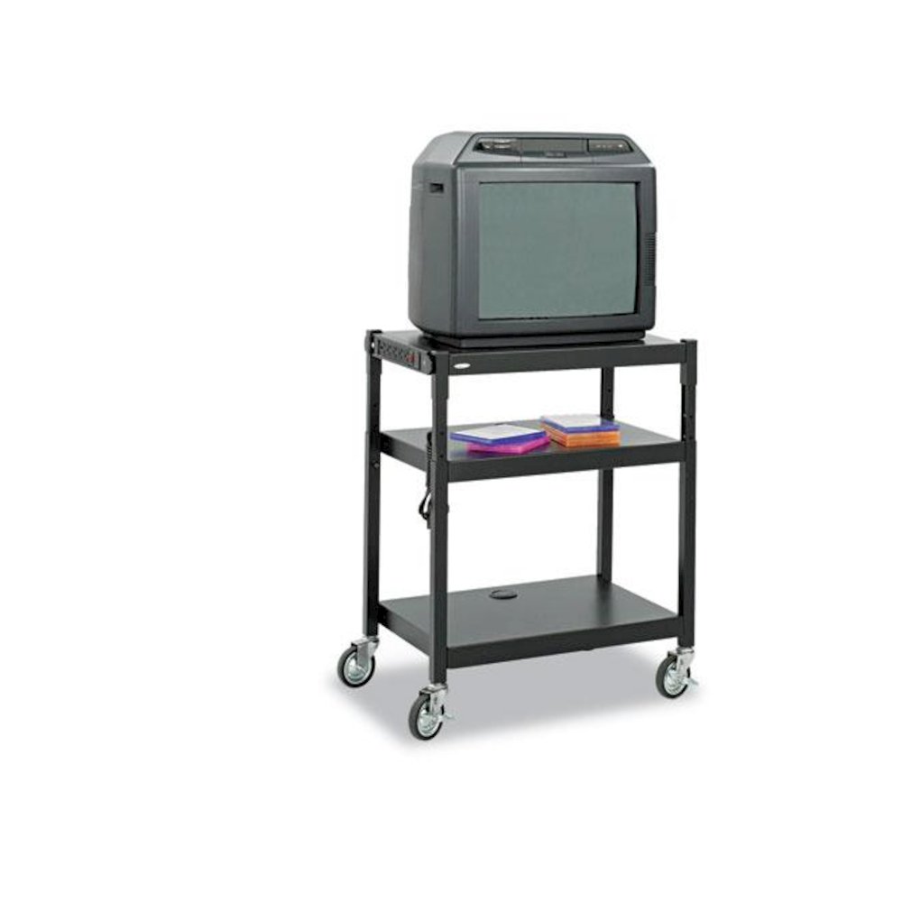 Adjustable-Height Steel AV Cart, Metal, 3 Shelves, (5) AC Outlets, 120 lb Capacity, 27.25'' x 18.25'' x 36.5'', Black - Safco