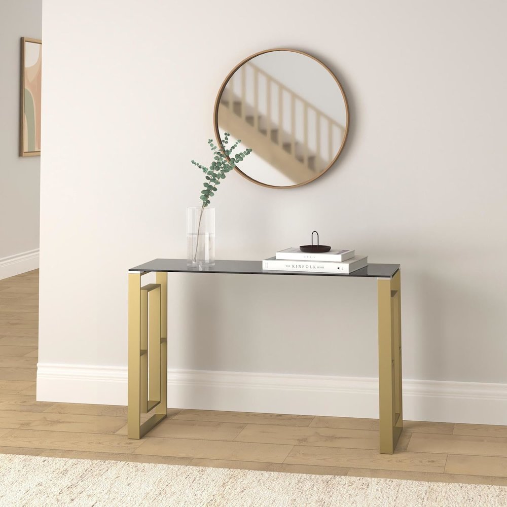 Best Master Mallory Stainless Steel and Smoked Glass Console Table in Gold - Best Master Furniture