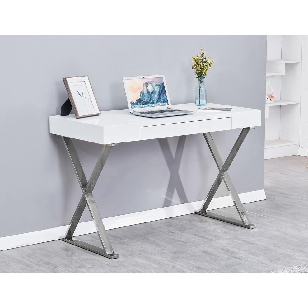 Modern Stainless Steel Frame Computer Desk - Silver High Gloss - Best Master Furniture