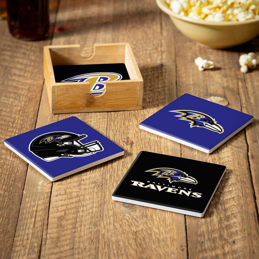 Baltimore Ravens Coaster Set 4 Piece with Wood Caddy - Evergreen Enterprises