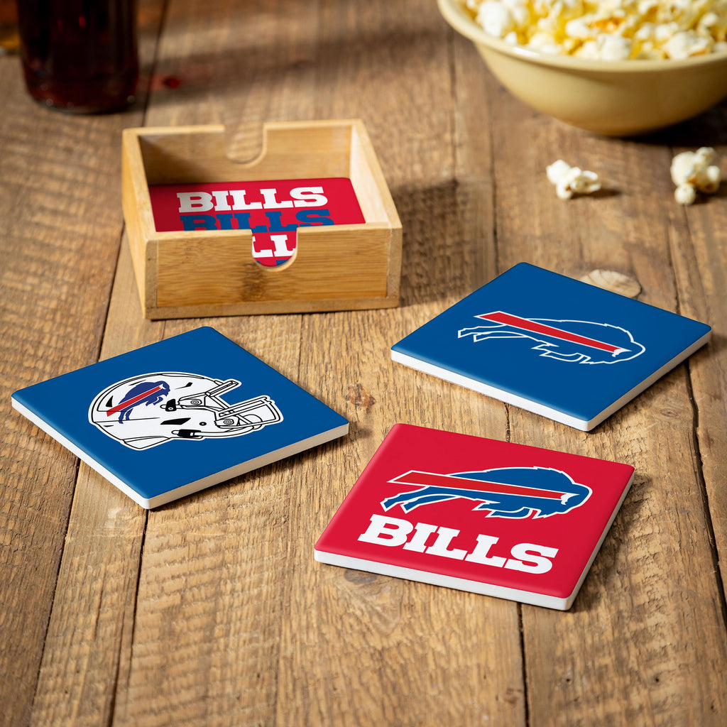 Buffalo Bills Coaster Set 4 Piece with Wood Caddy - Evergreen Enterprises