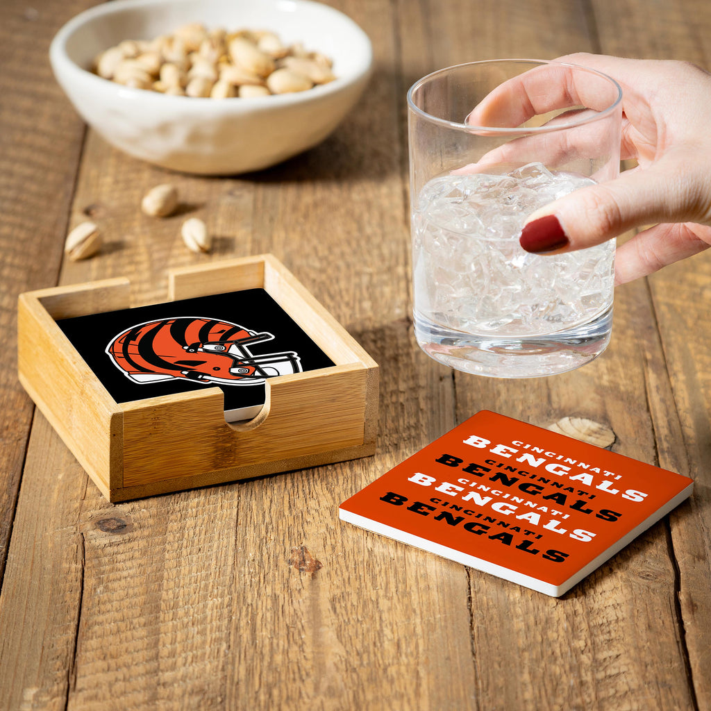 Cincinnati Bengals Coaster Set 4 Piece with Wood Caddy - Evergreen Enterprises