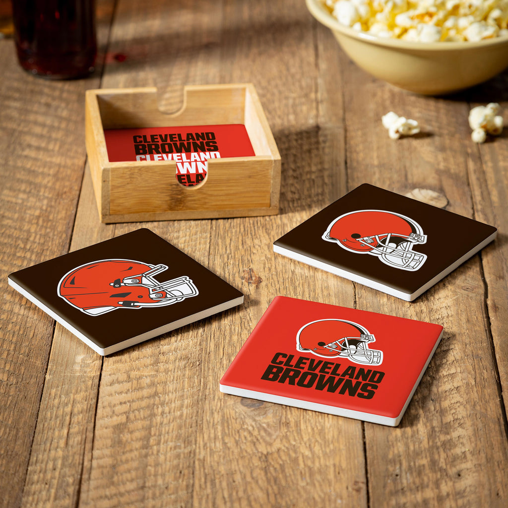 Cleveland Browns Coaster Set 4 Piece with Wood Caddy - Evergreen Enterprises