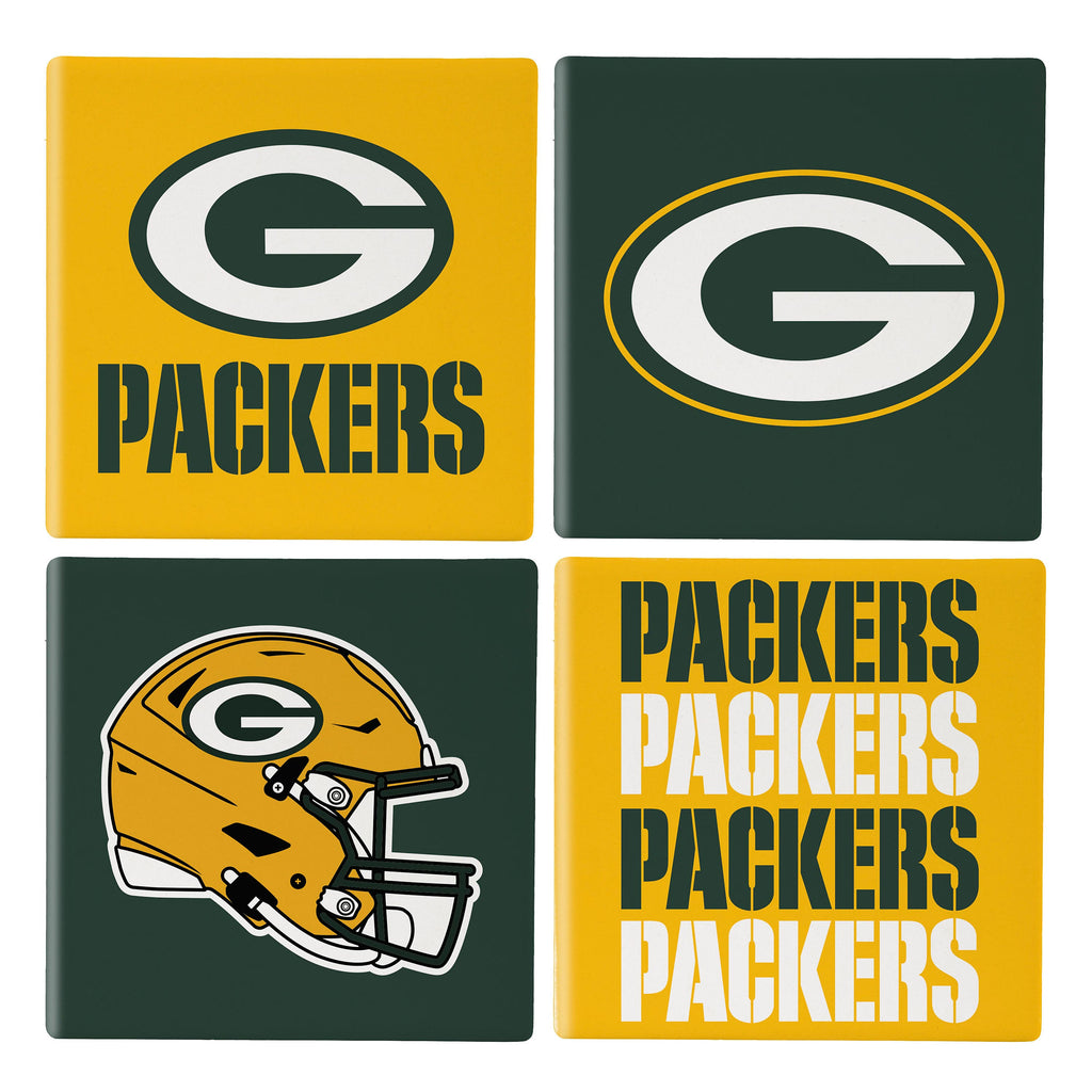 Green Bay Packers Coaster Set 4 Piece with Wood Caddy - Evergreen Enterprises
