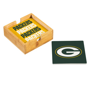 Green Bay Packers Coaster Set 4 Piece with Wood Caddy - Evergreen Enterprises