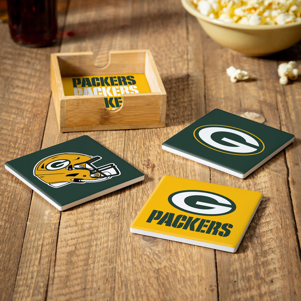 Green Bay Packers Coaster Set 4 Piece with Wood Caddy - Evergreen Enterprises