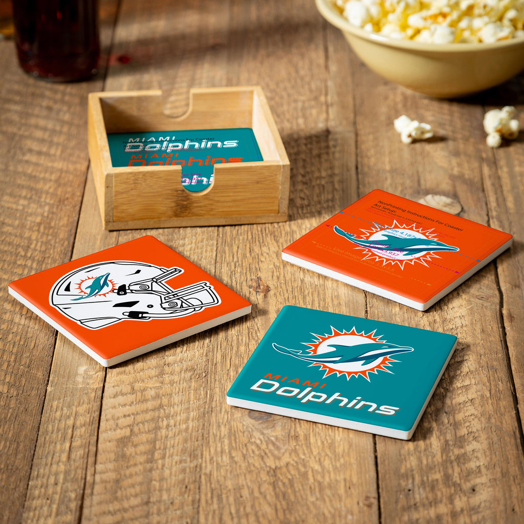 Miami Dolphins Coaster Set 4 Piece with Wood Caddy - Evergreen Enterprises