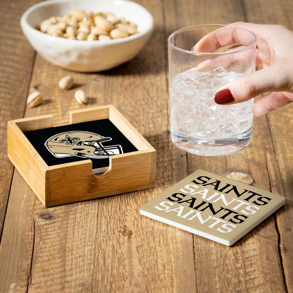 New Orleans Saints Coaster Set 4 Piece with Wood Caddy - Evergreen Enterprises